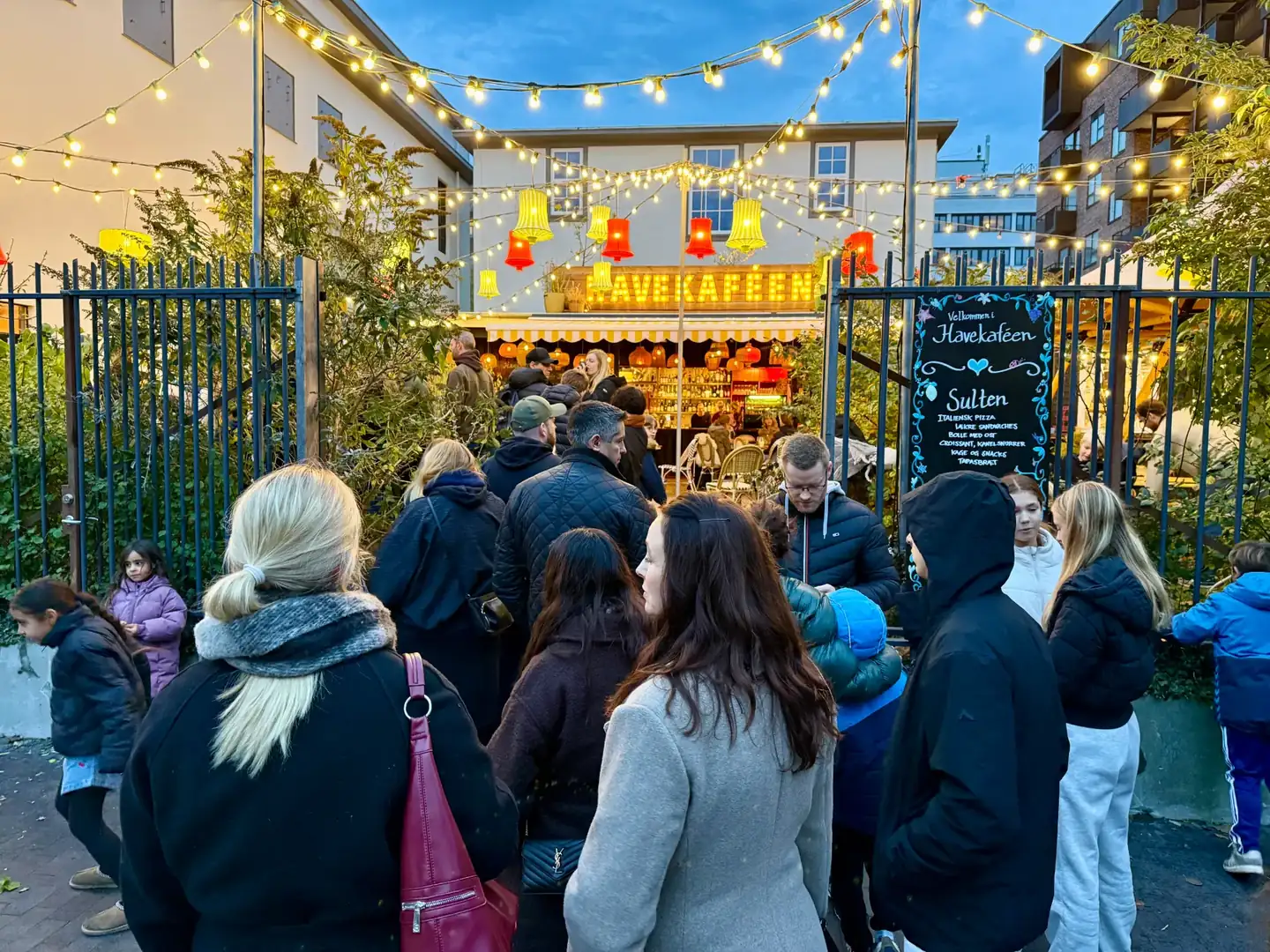 Gæster står i kø ved indgangen til Havekaféen en aften med lyskæder over haven.