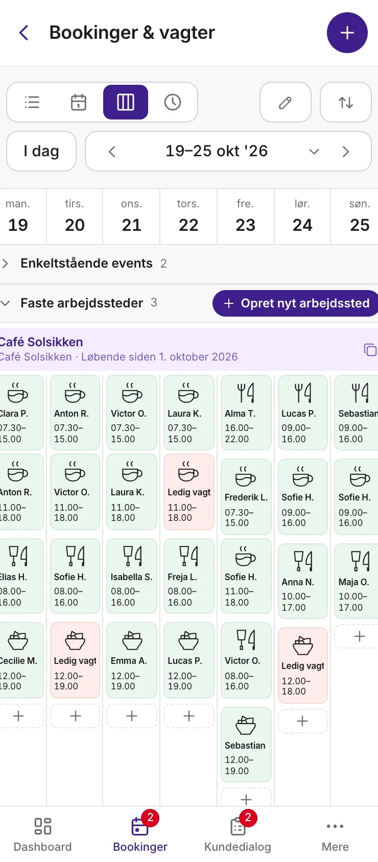 Ugeplanen på telefonen med vagterne på Café Solsikken.