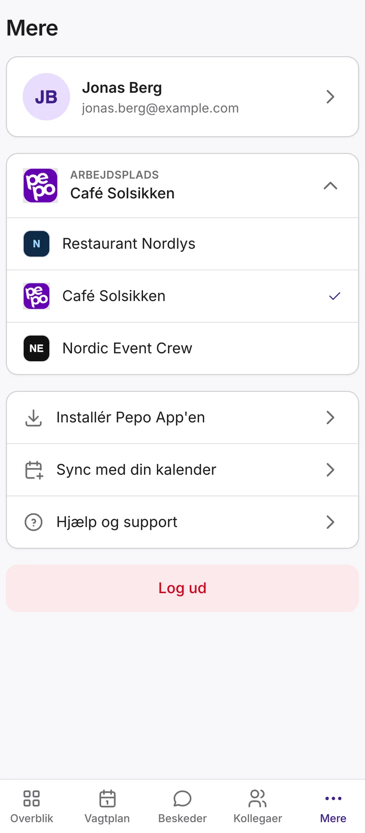 Medarbejder-appens menu, hvor Jonas Berg skifter mellem tre arbejdspladser: Restaurant Nordlys, Café Solsikken og Nordic Event Crew.